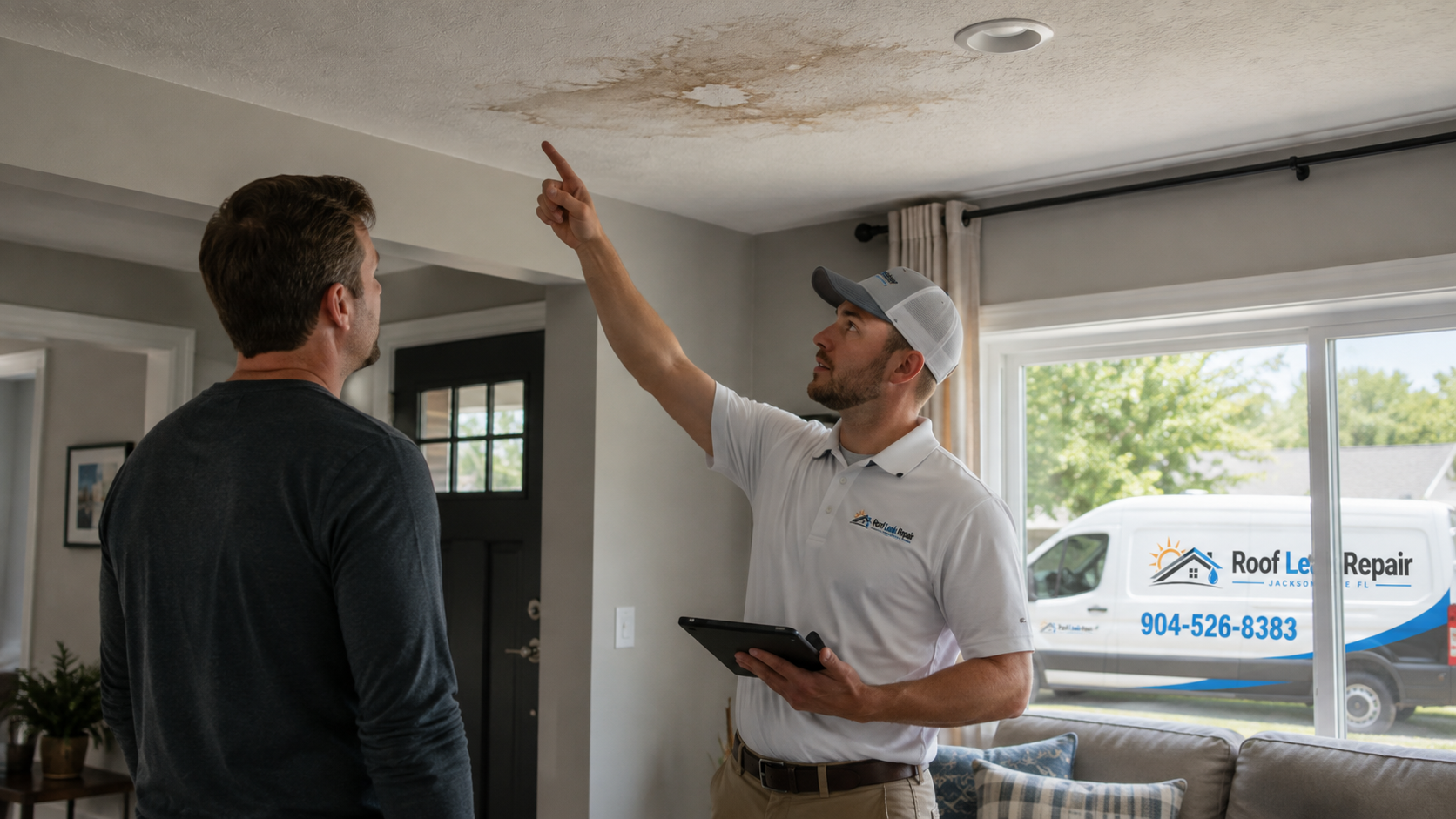Roofer showing a homeowner a water stain on a ceiling caused by a roof leak